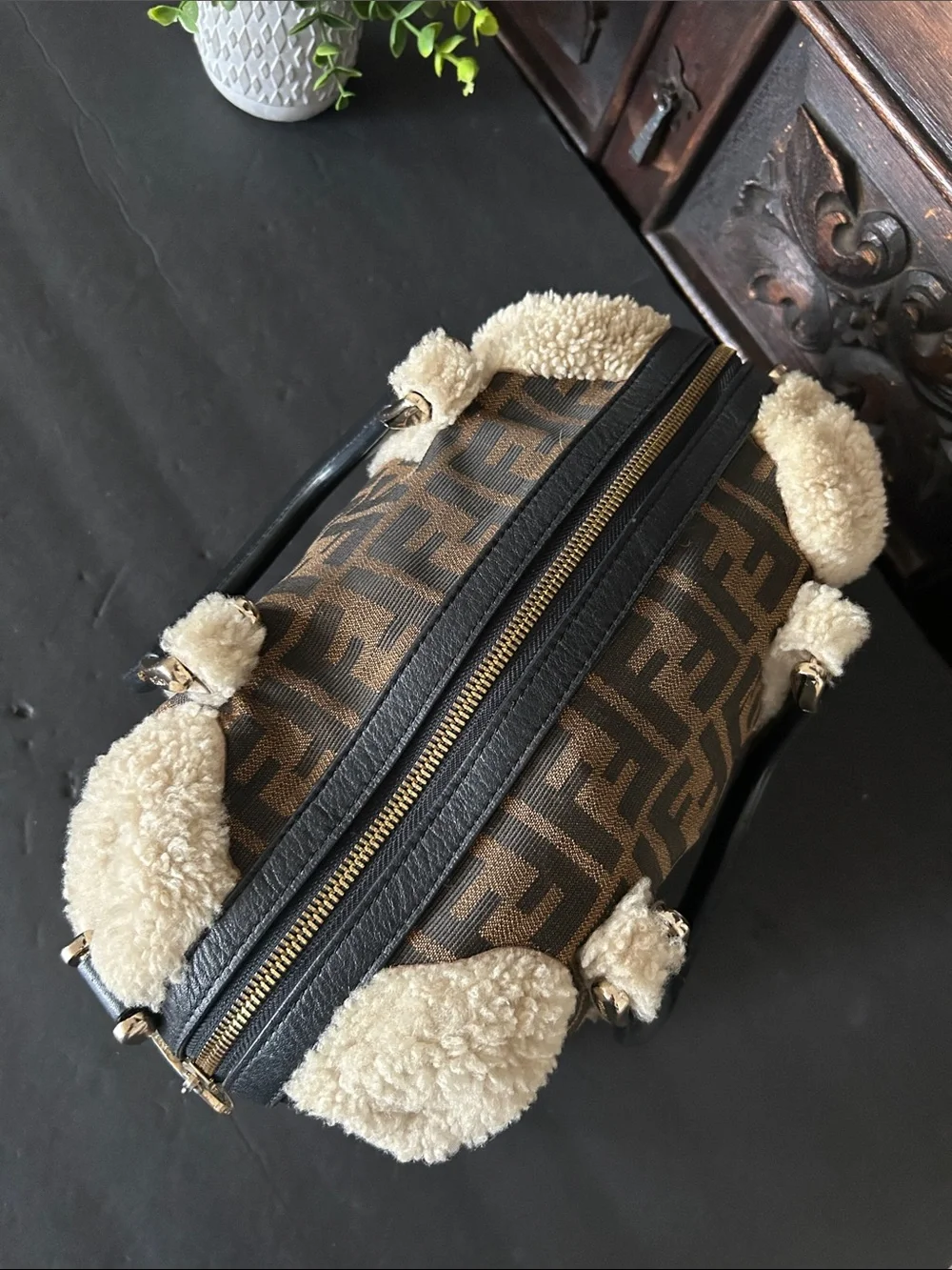 Brown Monogram Satchel with Cream Shearling Trim